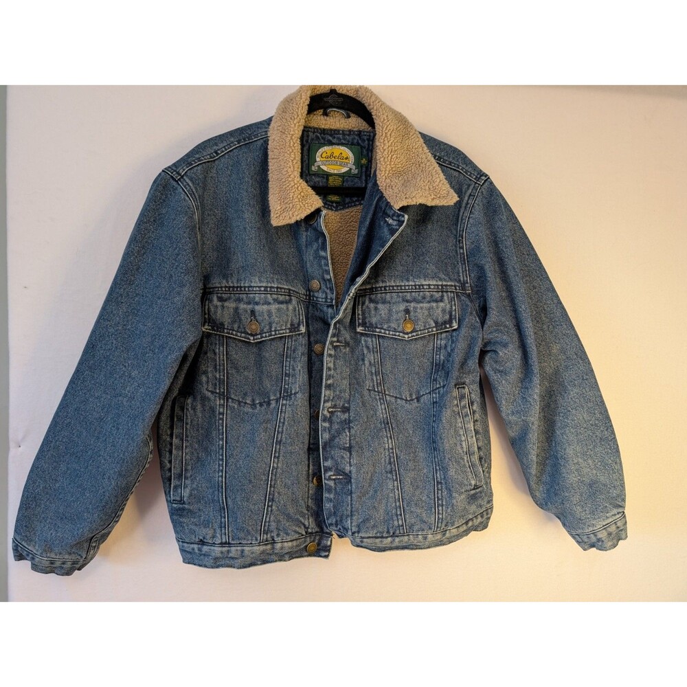 Cabelas Jean Jacket Mens Medium Sherpa Lined Trucker Denim Distressed EUC!